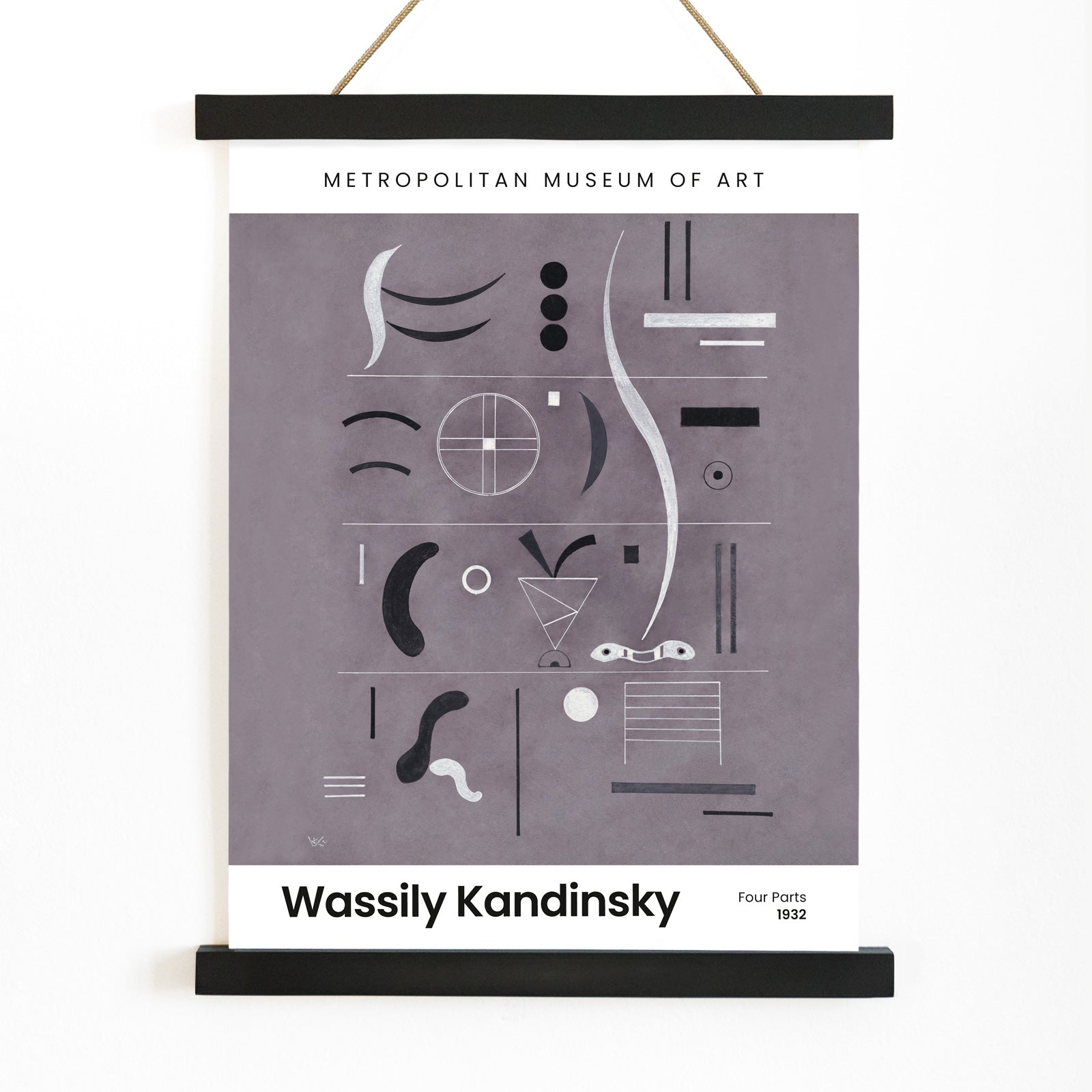 Abstract geometric art by Wassily Kandinsky from Four Parts featuring geometric shapes and lines displayed at the museum, with wooden magnetic frame on white background