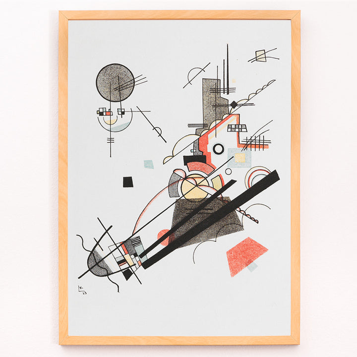 Closeup detail of Abstract geometric art poster with intersecting lines and shapes in black red and yellow Fröhlicher Aufstieg by Wassily Kandinsky