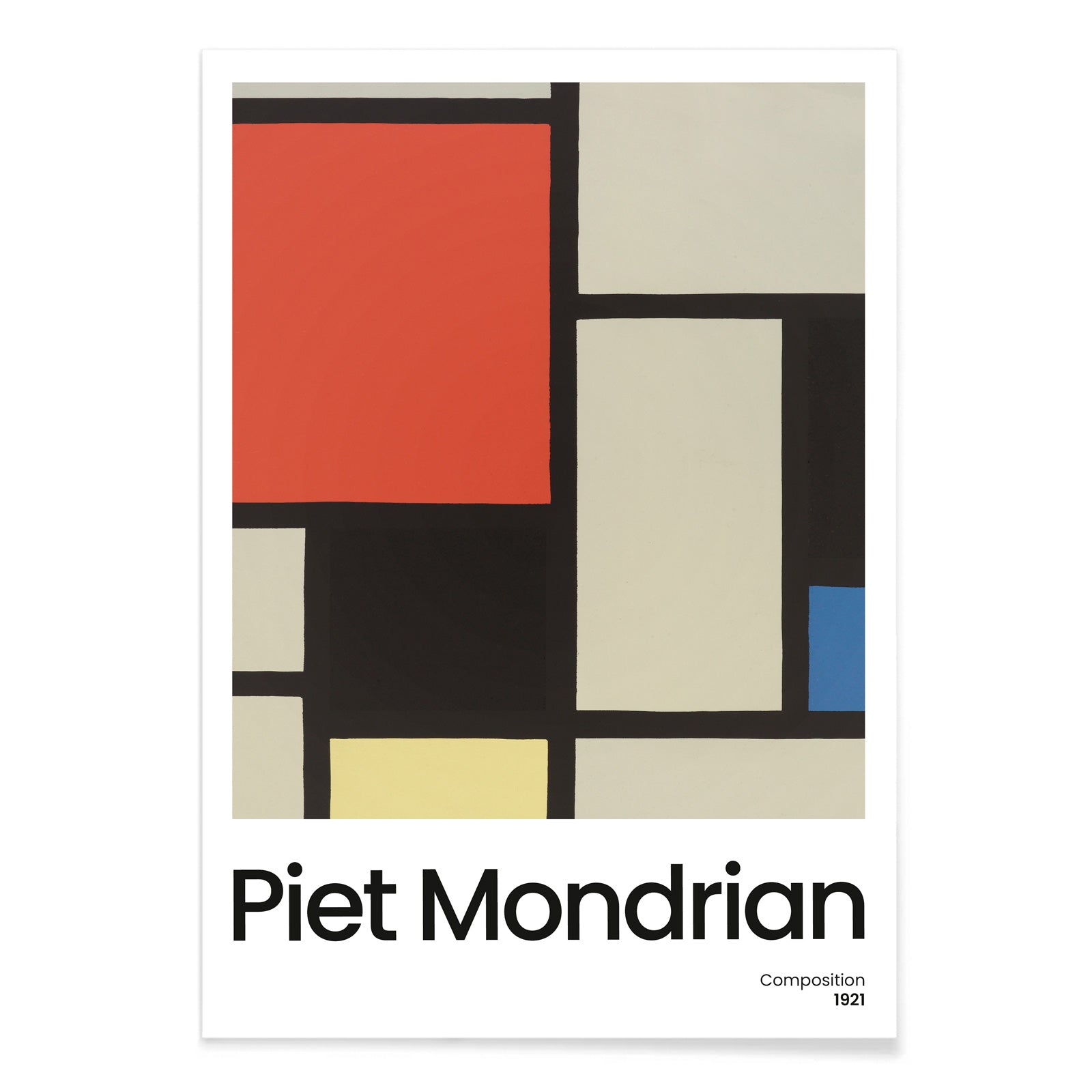 Abstract geometric art poster with bold primary colors and black lines by Piet Mondrian titled Composition, with black aluminium frame on white background