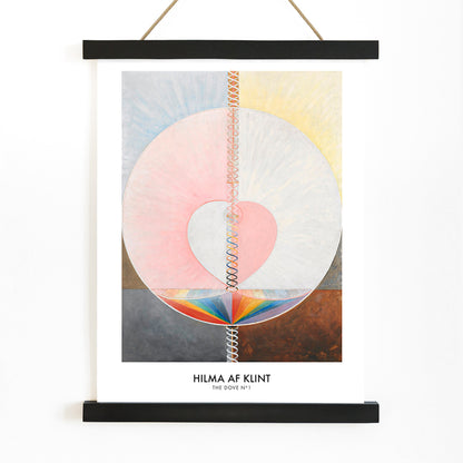 Abstract geometric spiritual art poster with pastel colors and shapes from The Dove by Hilma af Klint modern wall decor, with wooden magnetic frame on white background