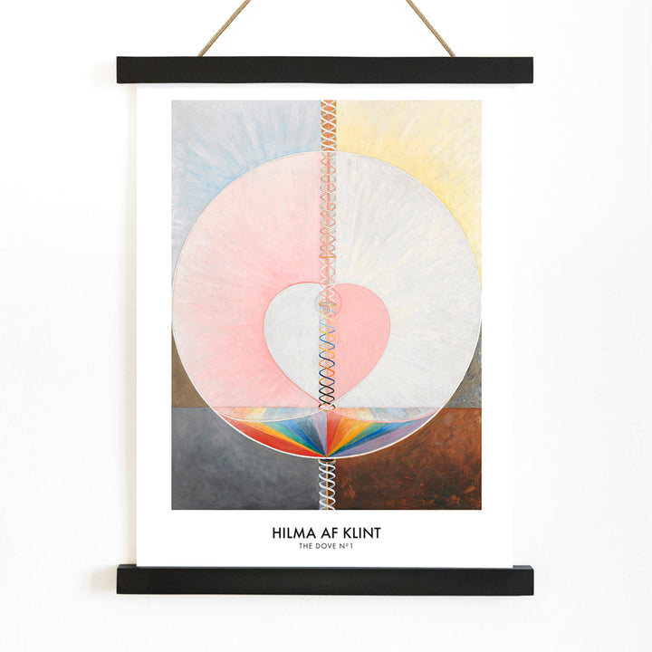 Abstract geometric spiritual art poster with pastel colors and shapes from The Dove by Hilma af Klint modern wall decor, with wooden magnetic frame on white background
