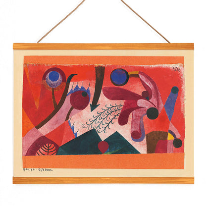 Vibrant abstract geometric art poster Poisonous Berries by Paul Klee featuring bold shapes and colors, with wooden magnetic frame on white background