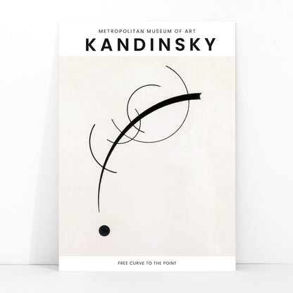 Abstract black geometric curves and circle with dot on white background poster Free Curve to the Point by Wassily Kandinsky, framed and displayed in modern living room decor