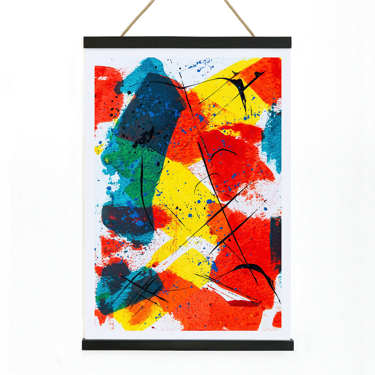 Colorful abstract patchwork artwork poster with bold brush strokes splashes of red yellow and blue titled Abstract Patchwork 1 by Anonymous, with wooden magnetic frame on white background