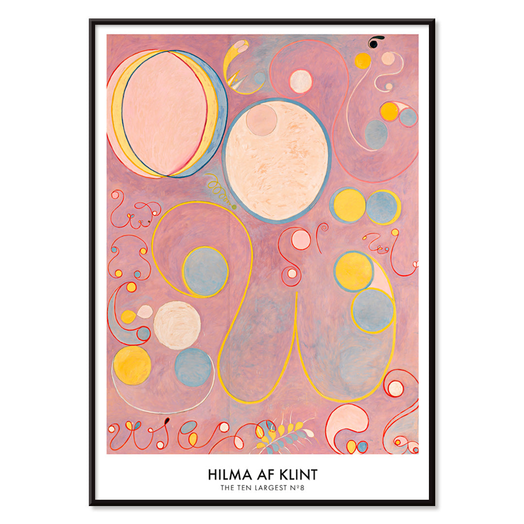 Abstract colorful swirls and pastel shapes on pink background painting and poster from The Ten Largest Adulthood by Hilma AF Klint, with black aluminium frame on white background