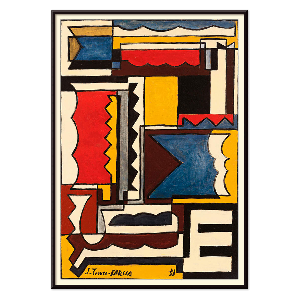 Abstract geometric painting and poster by Joaquin Torres-Garcia titled Structure with Shapes, with black aluminium frame on white background