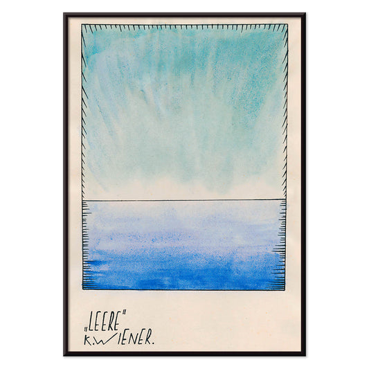 Abstract blue gradient watercolor art by Karl Wiener titled Leere minimalist poster featuring abstract shapes in blue tones modern decor, with black aluminium frame on white background