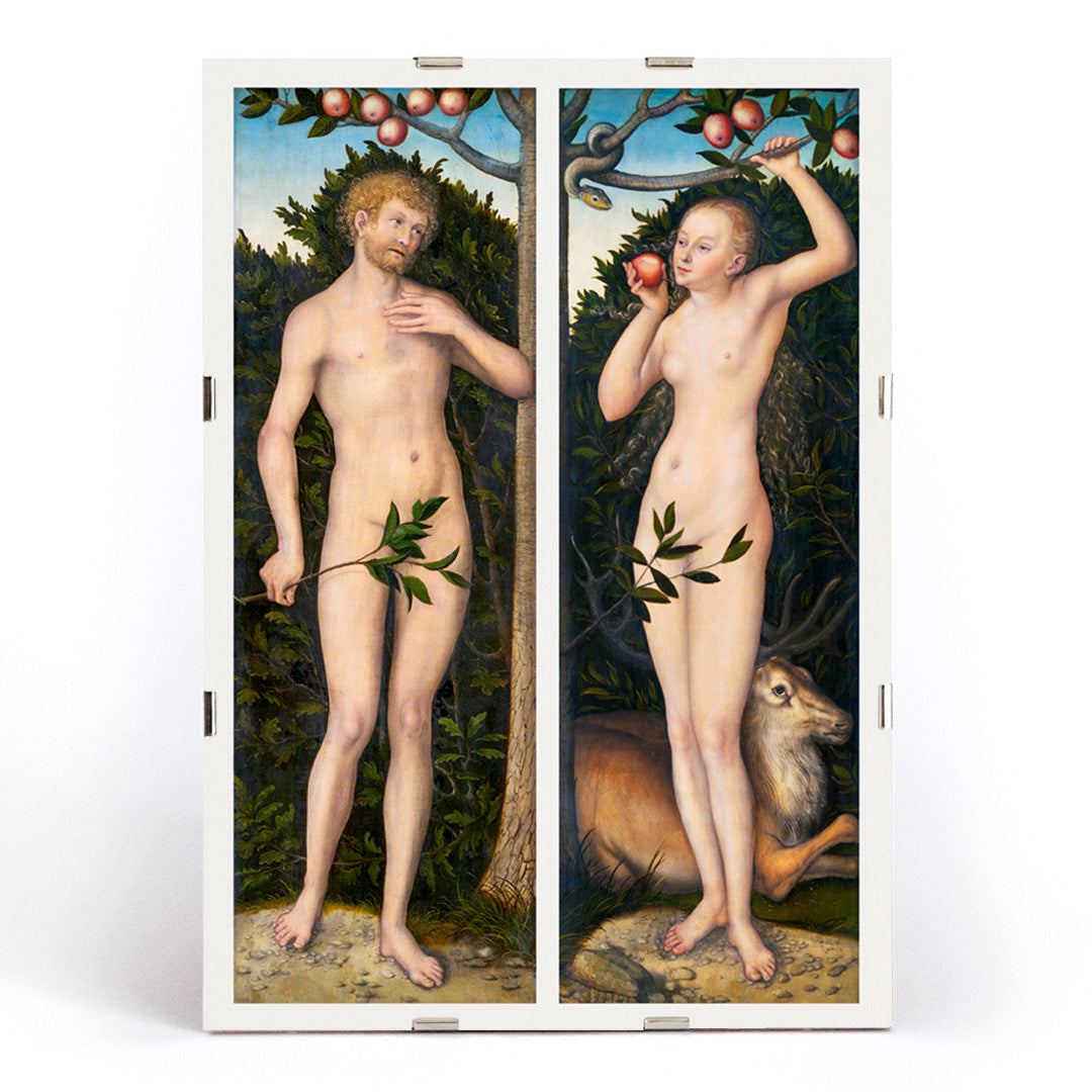 Lucas Cranach Adam and Eve painting in the Garden of Eden with snake apples animals and fruit trees biblical figures, framed and displayed in modern living room decor