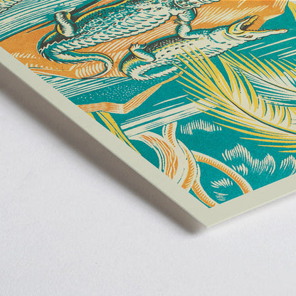 Closeup detail of A Jungle Picnic Pl.03 Crocodile by Clifford Webb vibrant jungle artwork and poster showing crocodiles resting by a river under palm trees