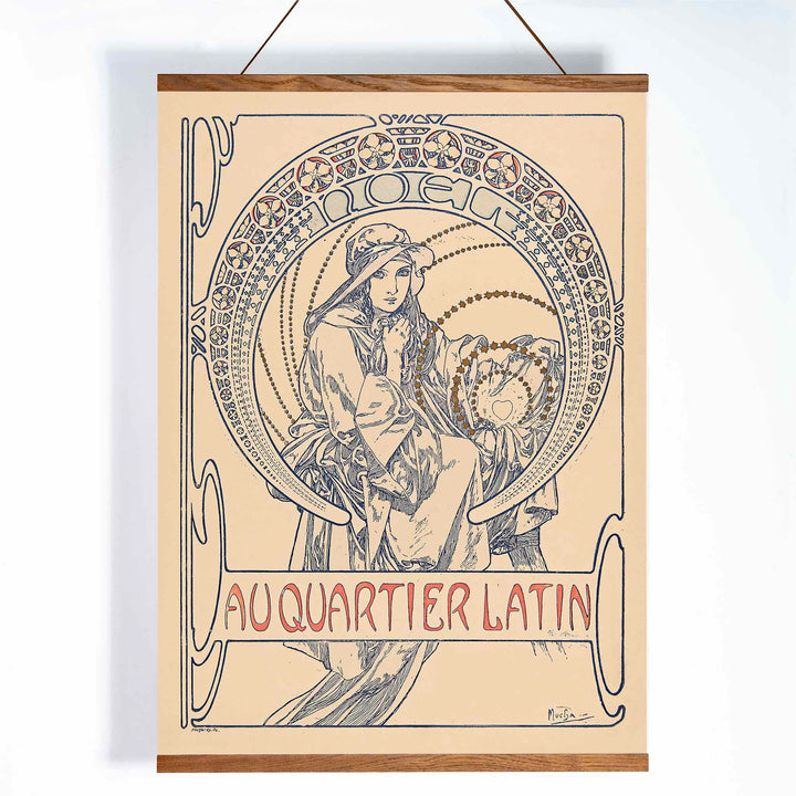 Alphonse Mucha Au Quartier Latin poster, graceful woman in Art Nouveau linework, beige and blue tones, with wooden magnetic frame on white background