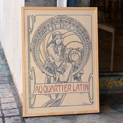 Alphonse Mucha Au Quartier Latin poster, graceful woman in Art Nouveau linework, beige and blue tones, framed and displayed in home decor