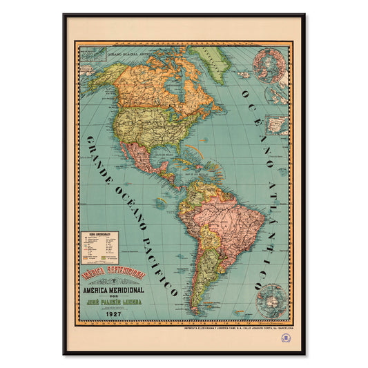 Vintage map poster of North and South America titled América septentrional y América meridional by Paluzie Lucena Josep, with black aluminium frame on white background