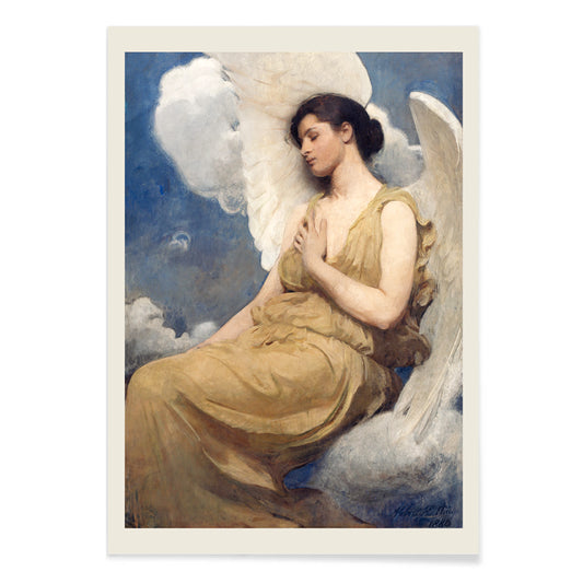 Winged Figure by Abbott Handerson Thayer serene angelic woman with white wings seated among clouds painting and poster, with black aluminium frame on white background