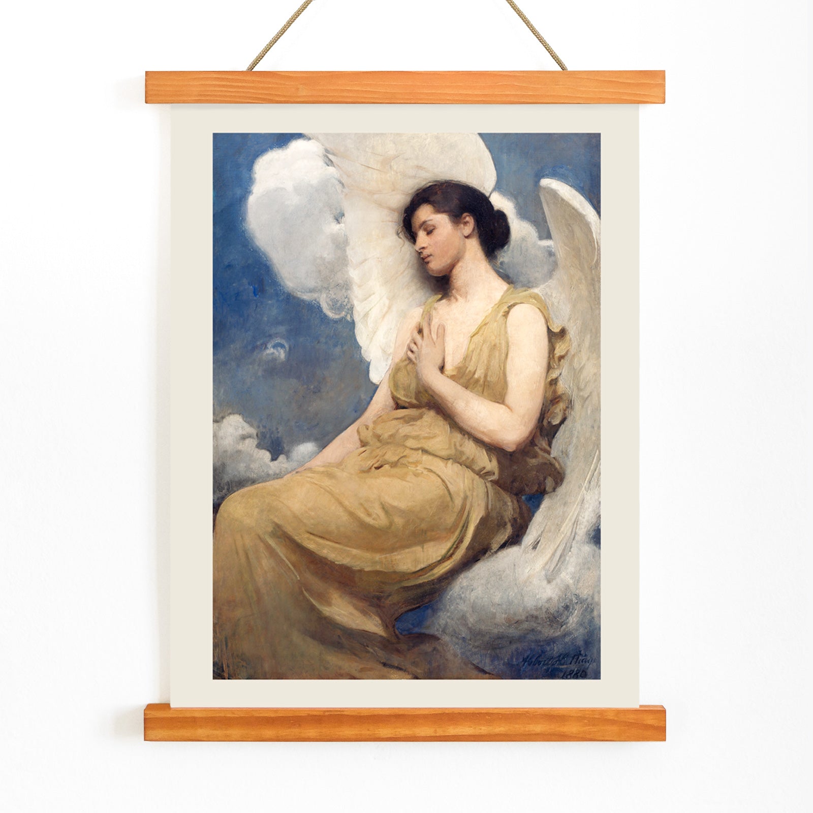 Winged Figure by Abbott Handerson Thayer serene angelic woman with white wings seated among clouds painting and poster, with wooden magnetic frame on white background