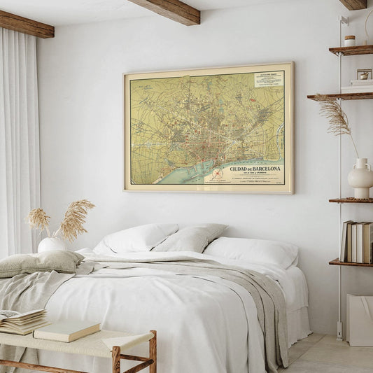 Antique map of Barcelona by D Francisco Coello and D Antonio Sans poster titled Ciudad de Barcelona with detailed city streets and surrounding areas, framed and displayed in home decor