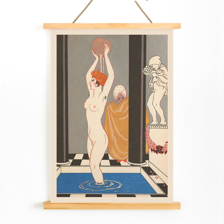 Art Deco woman bathing inspired by La Vasque by George Barbier with another figure in robe beside statue, with wooden magnetic frame on white background
