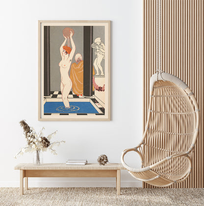 Art Deco woman bathing inspired by La Vasque by George Barbier with another figure in robe beside statue, framed and displayed in home decor