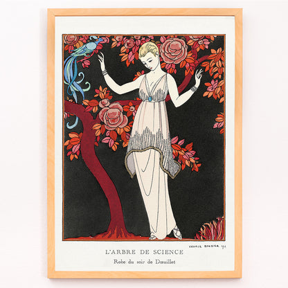Closeup detail of Elegant woman in evening gown under flowering tree with bird by George Barbier from LArbre de science art deco poster