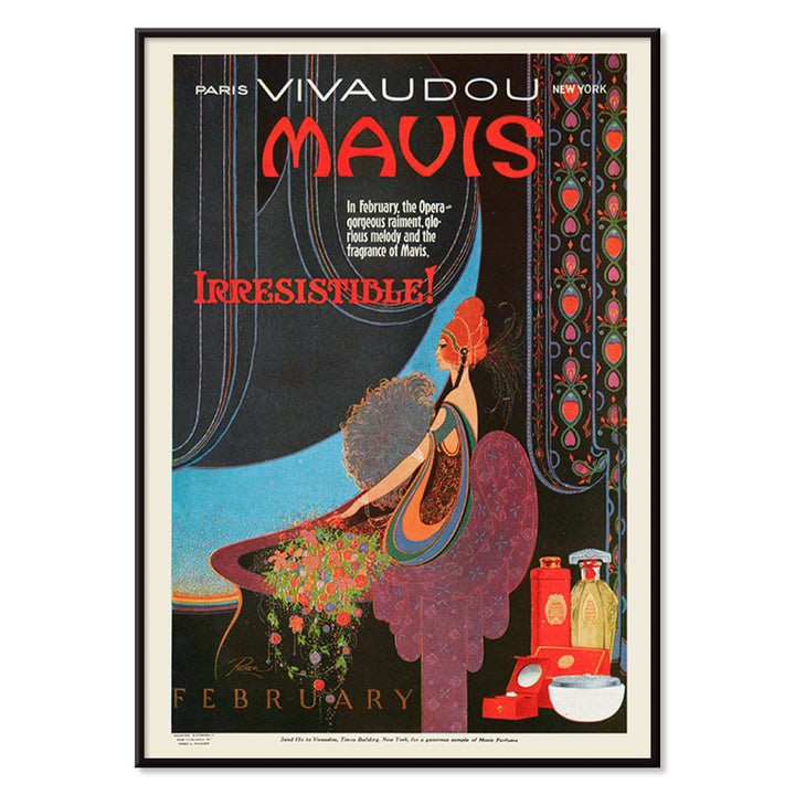 Elegant woman in art deco style with perfume bottles vibrant colors and wall decor poster for Mavis Irresistible by Fred L Parker, with black aluminium frame on white background