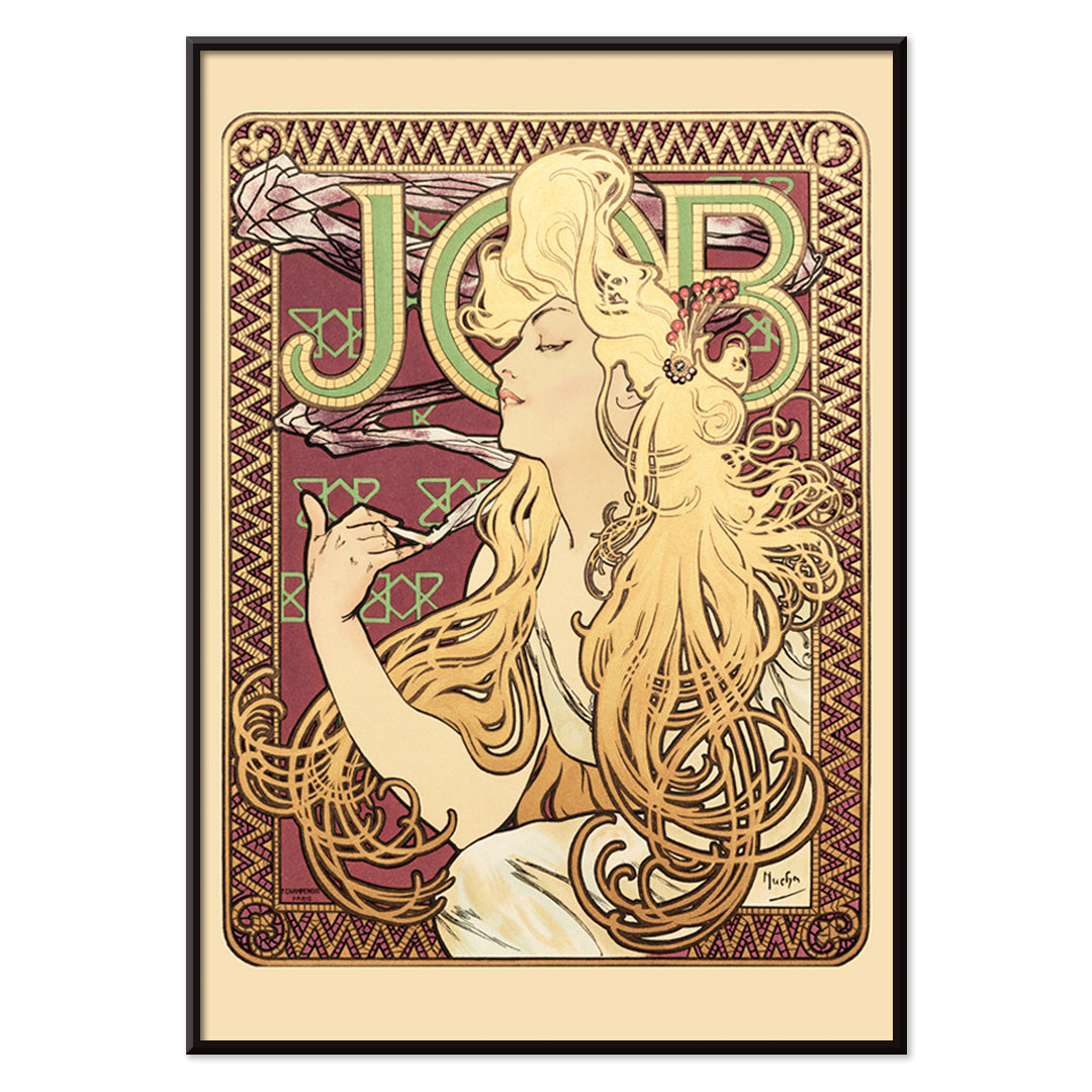 Art Nouveau poster of elegant woman with flowing hair holding a cigarette and decorative patterns by Alphonse Mucha, with black aluminium frame on white background