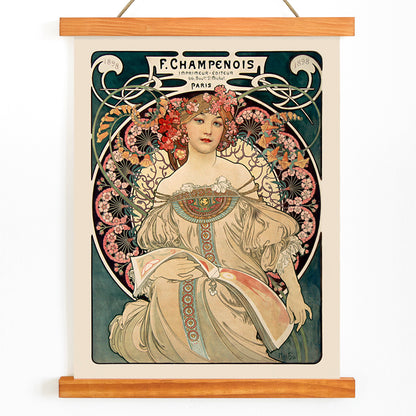Art Nouveau poster by Alphonse Mucha featuring an elegant woman in a floral dress with flowers in her hair Affiche Champenois Imprimeur, with wooden magnetic frame on white background