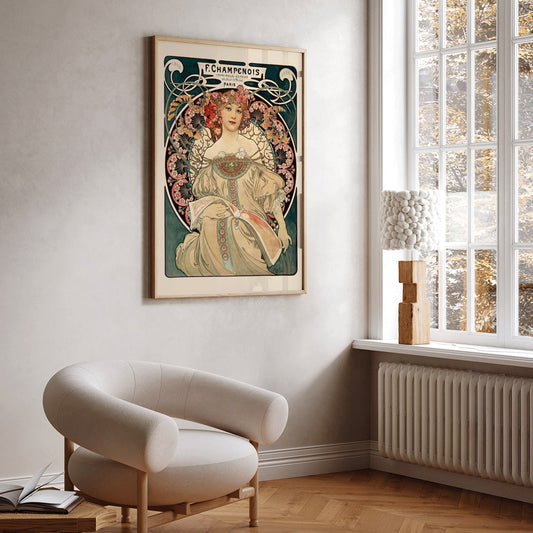 Art Nouveau poster by Alphonse Mucha featuring an elegant woman in a floral dress with flowers in her hair Affiche Champenois Imprimeur, framed and displayed in home decor