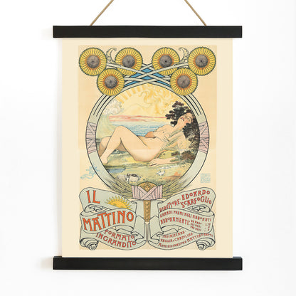 Art Nouveau poster of a reclining woman with sunflowers and pastoral landscape by Giovanni Mataloni II Mattino perfect for art lovers, with wooden magnetic frame on white background