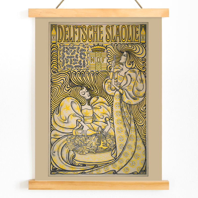 Poster of two women in flowing dresses with decorative swirling patterns and a salad oil bottle Delft Salad Oil by Jan Toorop, with wooden magnetic frame on white background