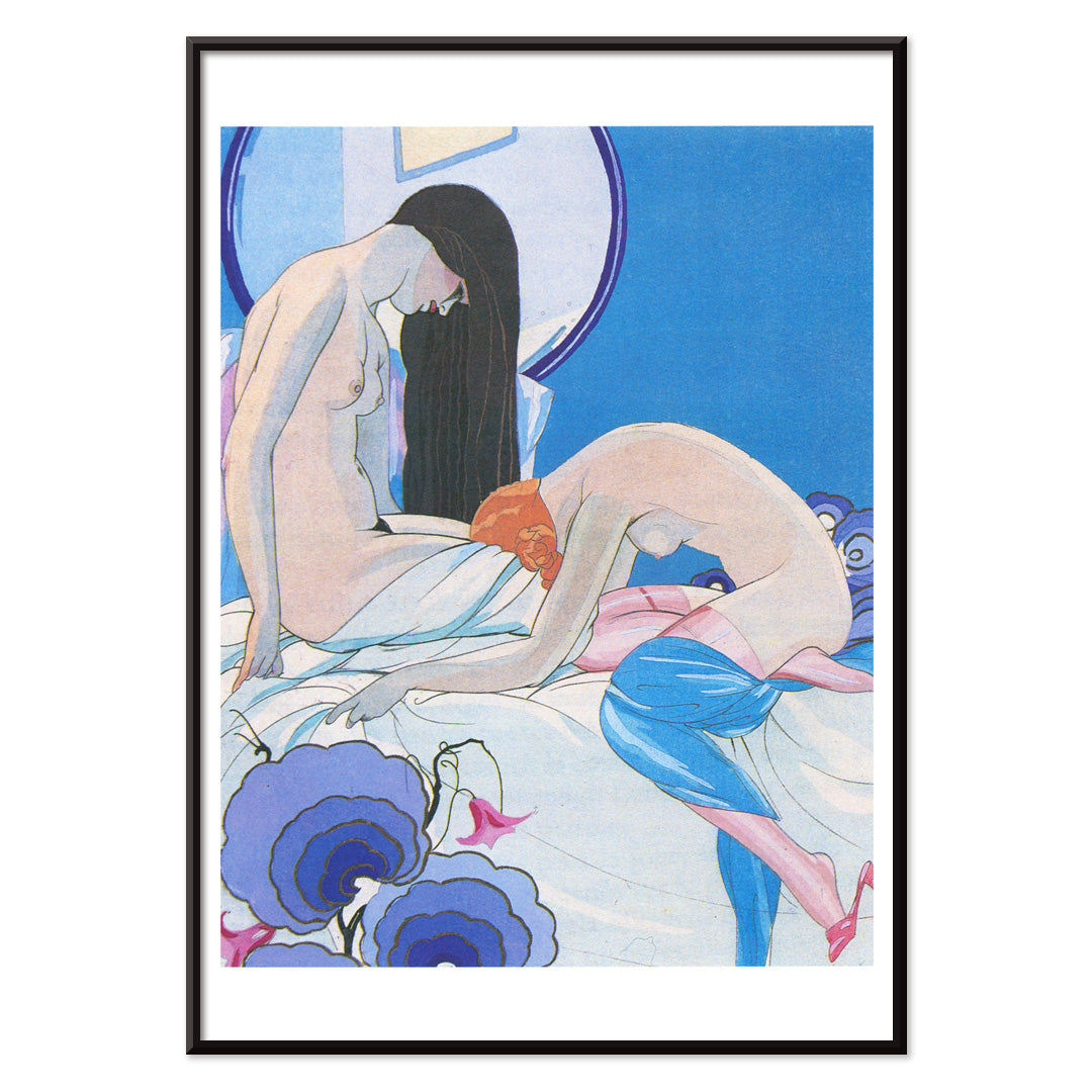 Sensual art poster of two nude figures in bed from Les Aventures du Roi Pausole by Umberto Brunelleschi erotic illustration, with black aluminium frame on white background
