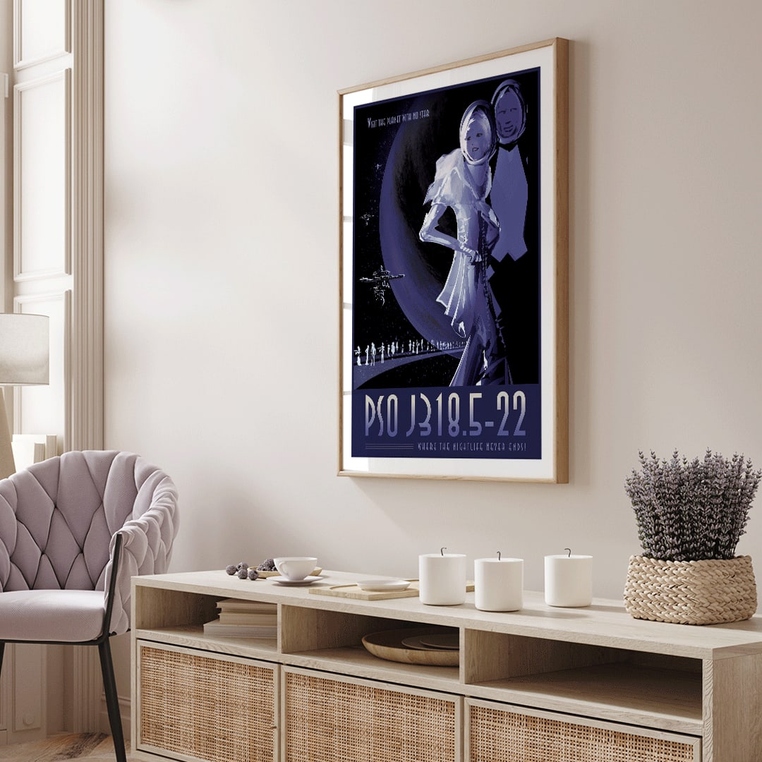 Futuristic space travelers and two figures in space suits with planet backdrop at exoplanet PSO J318.5-22 where the nightlife never ends by NASA, framed and displayed in home decor