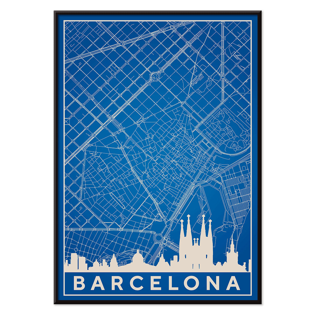 Minimalist blue and white map of Barcelona by Moryarty featuring iconic landmarks street layout and skyline poster titled Minimalist Map of Barcelona 2, with black aluminium frame on white background