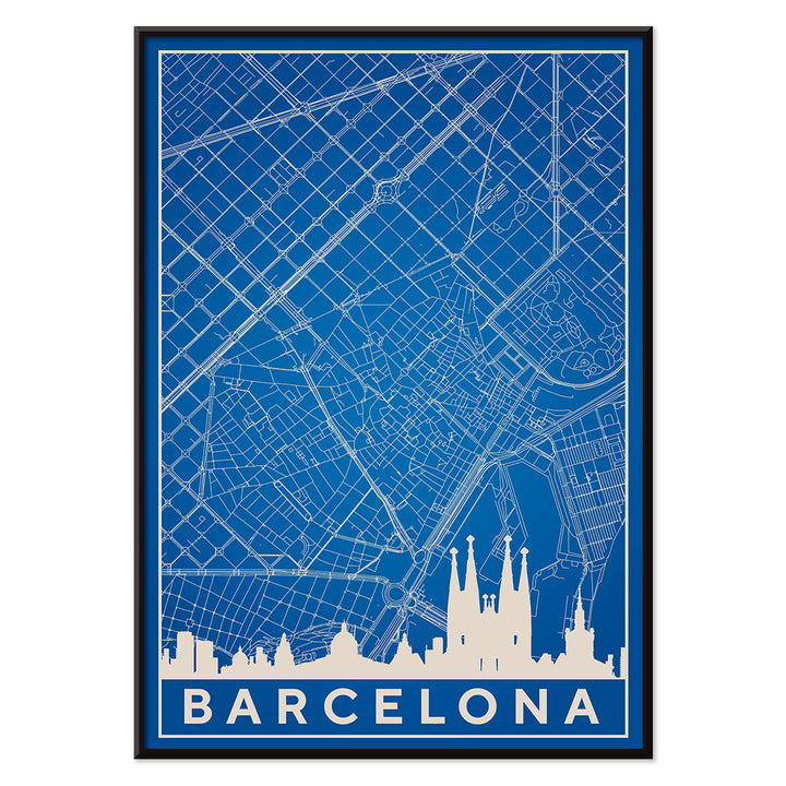 Minimalist blue and white map of Barcelona by Moryarty featuring iconic landmarks street layout and skyline poster titled Minimalist Map of Barcelona 2, with black aluminium frame on white background