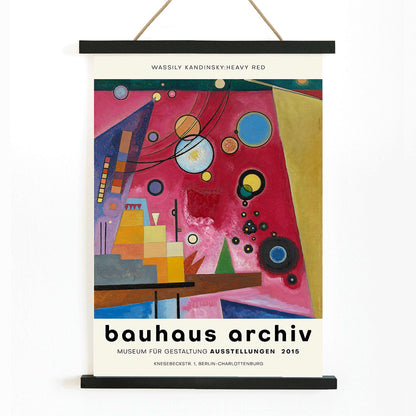 Heavy Red by Wassily Kandinsky abstract geometric painting and poster with shapes and colors at Bauhaus Archiv Museum, with wooden magnetic frame on white background