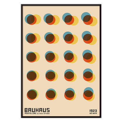 Bauhaus Poster 7 inspired by the 1923 Weimar Exhibition featuring colorful geometric overlapping circles in blue red yellow and brown tones, with black aluminium frame on white background