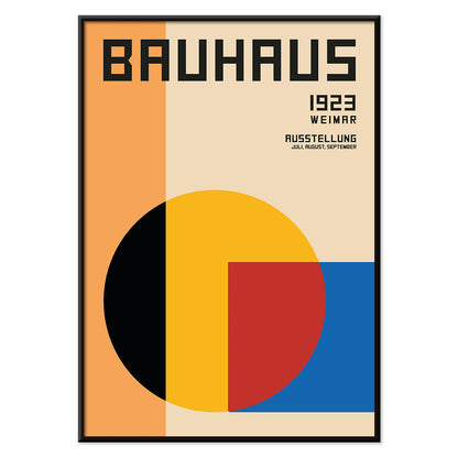 Bauhaus Poster 1 inspired by the Weimar Exhibition featuring geometric shapes in warm bold colors and modernist design style, with black aluminium frame on white background