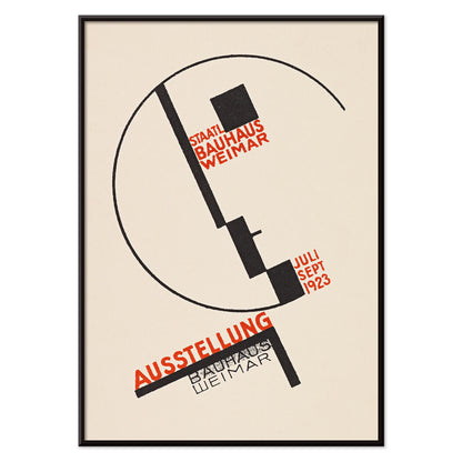 Dörte Helm Bauhaus Weimar exhibition poster with bold black geometry and red typography on warm beige background, with black aluminium frame on white background