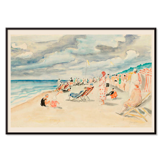 Colorful beach scene with people relaxing on deck chairs and under umbrellas at La plage de Deauville by Henri Lebasque, with black aluminium frame on white background