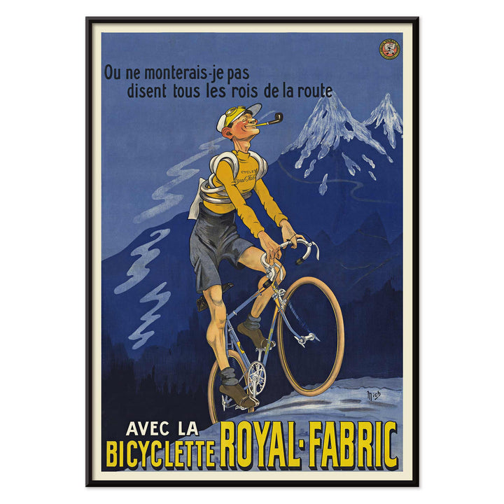 Michel Liebeaux Royal-Fabric bicycle poster with cyclist riding uphill in yellow gear against a moody blue mountain sky, with black aluminium frame on white background