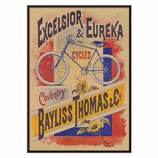Bayliss Thomas Excelsior and Eureka Cycles vintage poster with blue bicycle and bold lettering, with black aluminium frame on white background