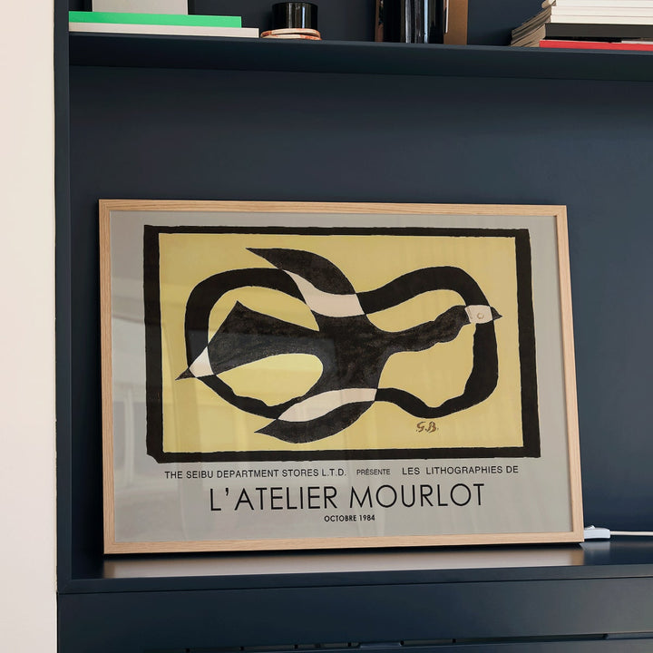 Bird passing through a Cloud by George Braque exhibition poster for L Atelier Mourlot featuring abstract artwork and imagery, framed and displayed in home decor