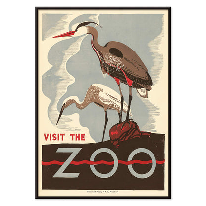 Visit the zoo poster by Federal Art Project WPA Pennsylvania showing two herons standing on a rock with text by the artist, with black aluminium frame on white background