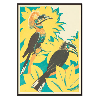 Colorful birds with vibrant plumage among yellow stylized foliage artwork by Clifford Webb from A Jungle Picnic Pl 07, with black aluminium frame on white background