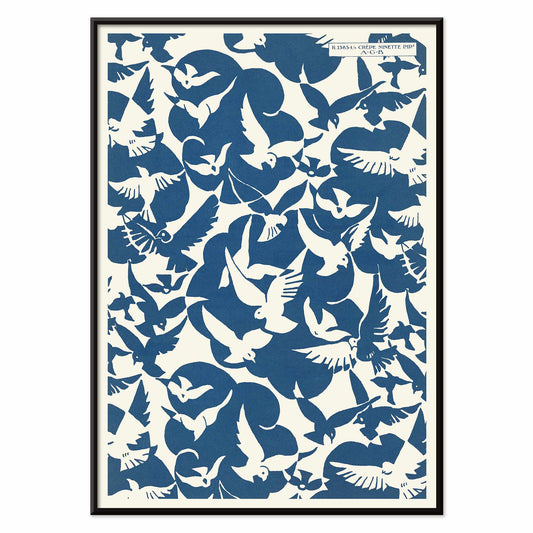 Charles Goy Lesbesse crepe poster with stylized birds in bold blue and cream minimalist design, with black aluminium frame on white background
