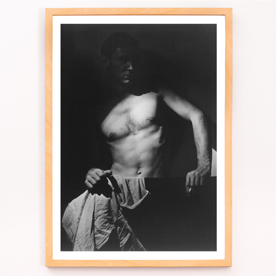 Closeup detail of Shirtless man holding towel in dramatic lighting Max After Surfing by Olive Cotton wall art photography poster