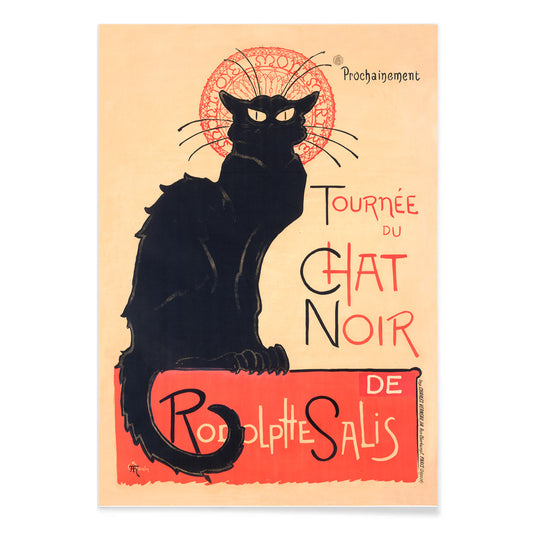 Black cat poster with bold red and yellow accents Tournee du Chat Noir artwork by Theophile Alexandre Steinlen, with black aluminium frame on white background