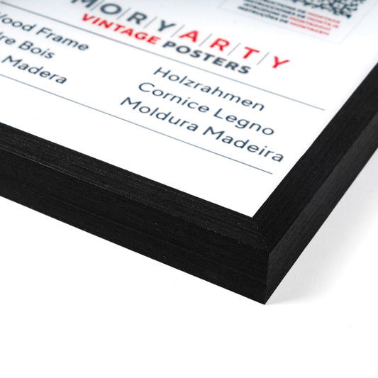 Black pine wood photo frame with elegant black finish, showcasing a classic and refined design suitable for displaying photos or artwork in home or office settings, front corner closeup picture