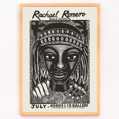 Closeup detail of Black and white portrait block print poster with intricate patterns by Rachael Romero at Books and Co gallery