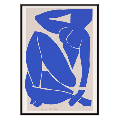 Nu Bleu III by Henri Matisse abstract blue figure on white background minimalist art poster, with black aluminium frame on white background
