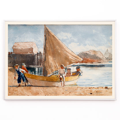 Closeup detail of Summertime by Winslow Homer painting of children on a sailboat at the beach and by the sea with a sailboat on the shore displayed in a black frame