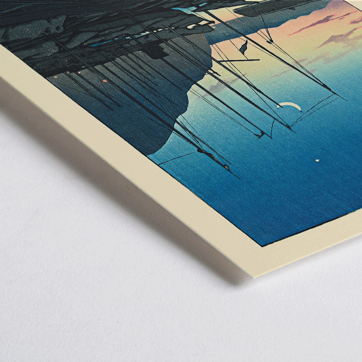 Closeup detail of Boats docked at sunrise in a tranquil harbor with mountains in the background Morning in Beppu by Kawase Hasui